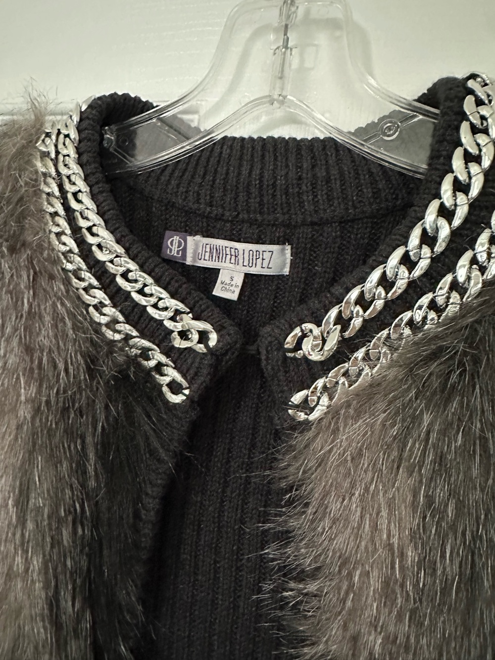 Jennifer Lopez Faux Fur Knit Sweater Vest With Silver Chain Dark Gray (Small) - Picture 2 of 4